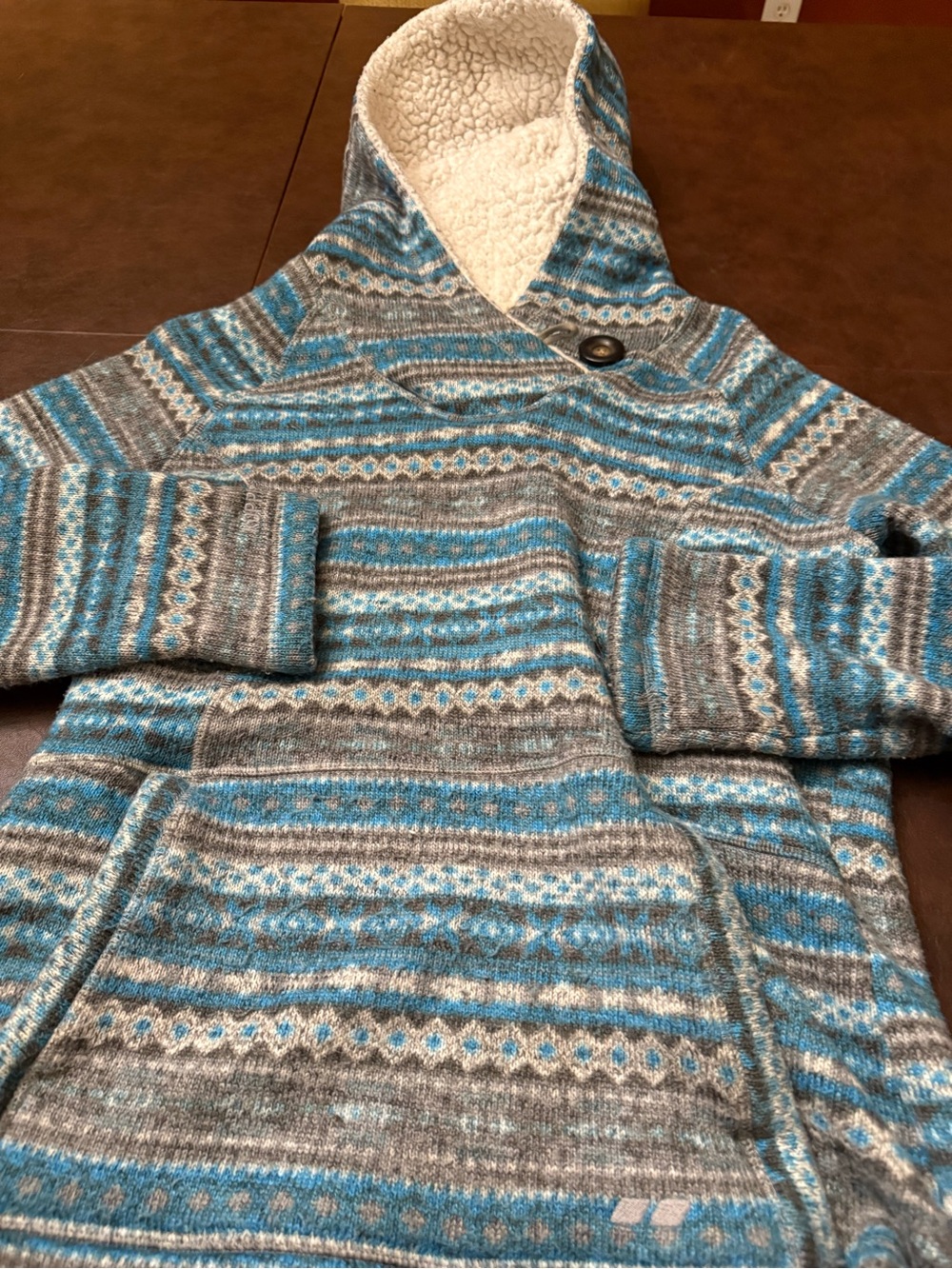 Cozy Hooded Sherpa-Lined Knit Jacket in Blue and Gray koppen large